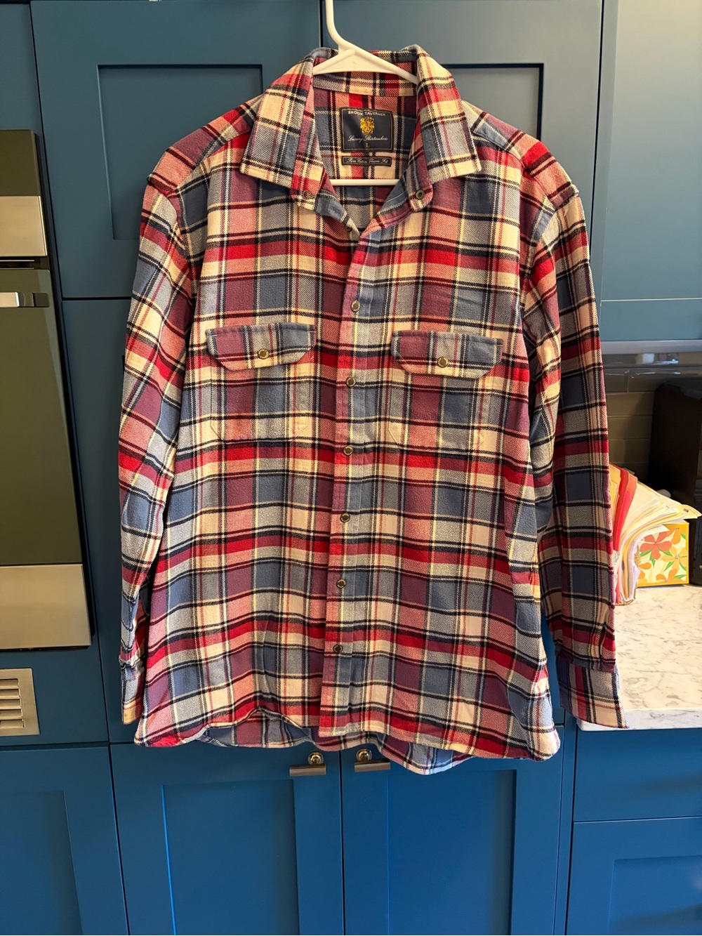 Brook Taverner Mens L Large Plaid Check Overshirt Red Blue Snap Elbow Patch Brit